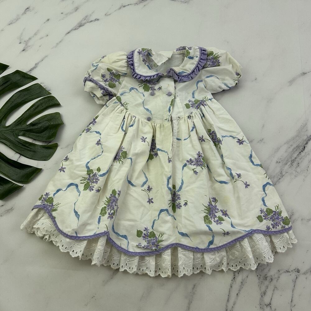 Daisy Kingdom Girls Vintage 90s Dress Size 2t White Purple Floral Ruffles Flawed